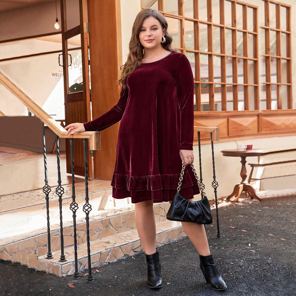 Autumn/winter New Large Womens Elegant Velvet Dress Round Neck Loose Waist Short Skirt