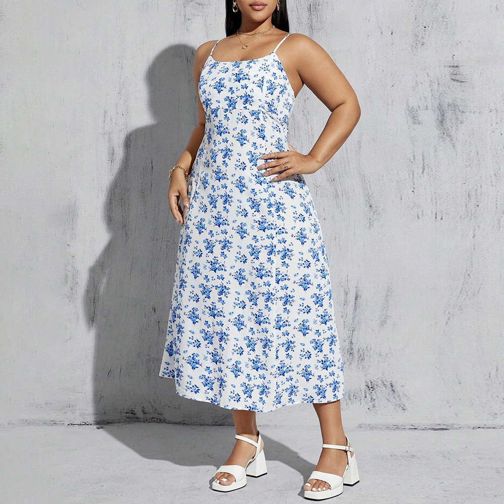 Large Size Womens Fresh Style Collarless Dress Summer New High Waisted Pullover A-line Suspender Dress