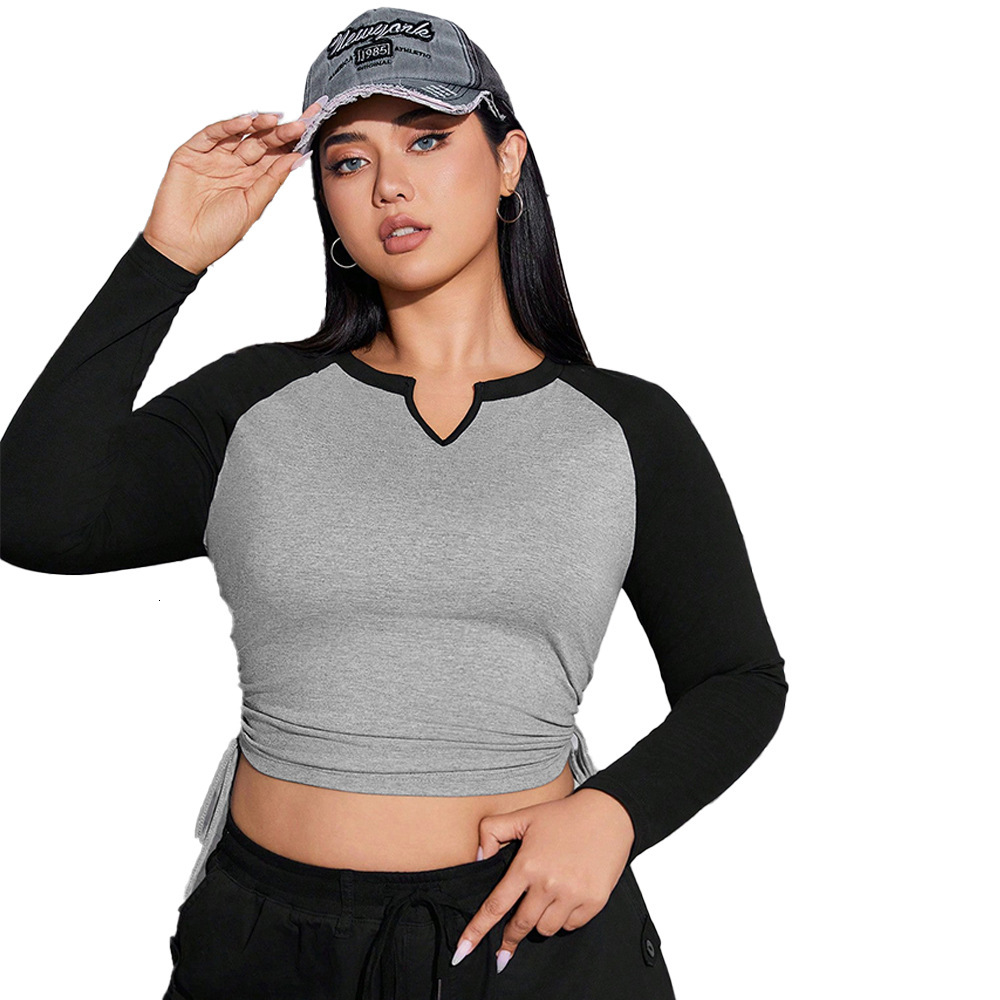 Oversized Womens Clothing Style Design V-neck Long Sleeved T-shirt Front Shoulder Base Shirt Spliced Contrasting Color Top