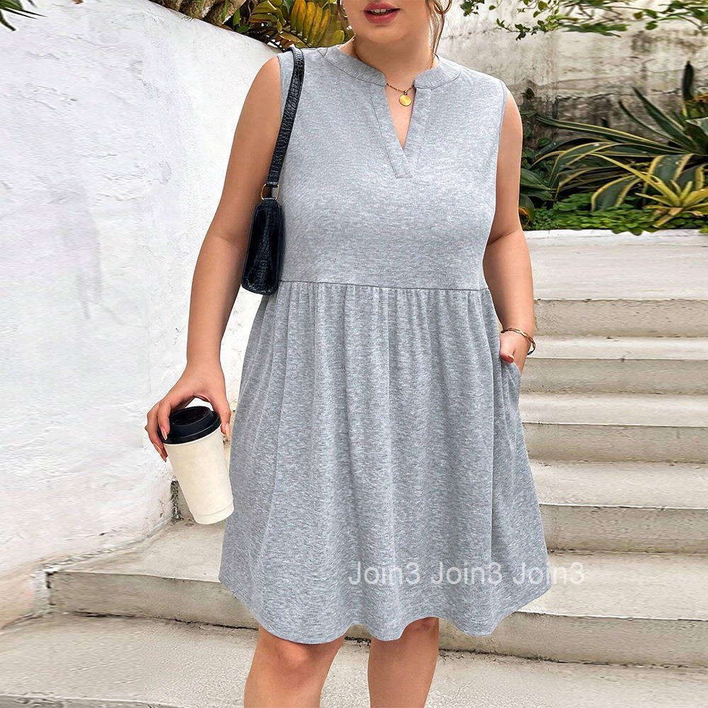 Large Size Womens Summer Waist Cinched Solid Color Sleeveless Short Skirt Pocket Knit Dress