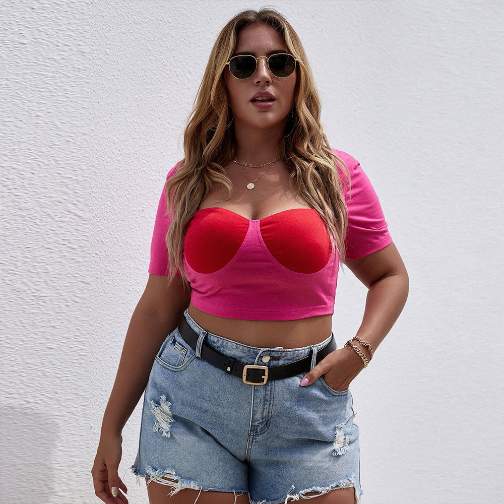 Large Size Womens New Short Style Square Neck Slim Fit Short Sleeved Contrasting T-shirt Top