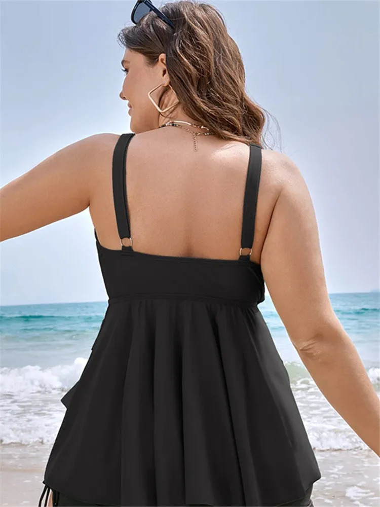 Plus Size Two Piece Tankini Set Woman Swimsuit Knotted Front Ruffle Swim Dress Abdomen Control Chubby Swimwear 2 Pieces 250515