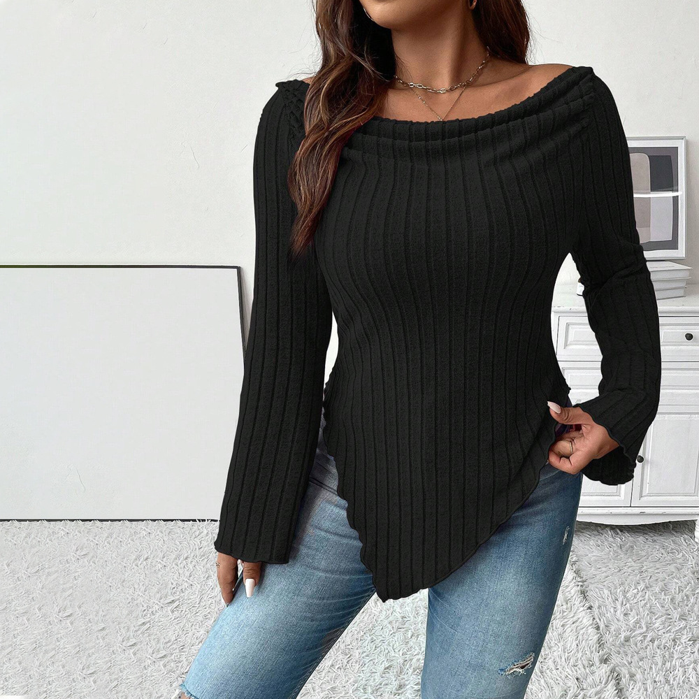 Autumn and Winter Plus Size Womens One Collar Long Sleeved T-shirt Slim Irregular Top