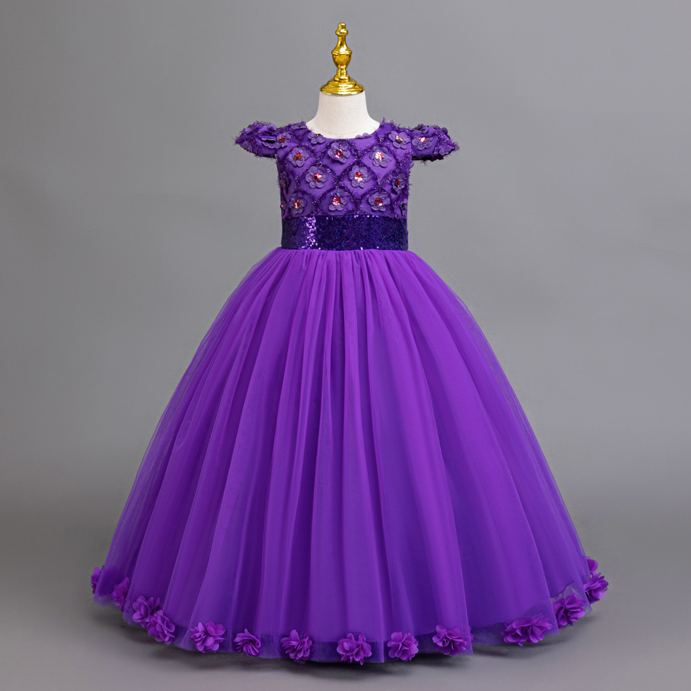 Girl Party Dress New Elegant 3D Flower Mesh Long Wedding Bridesmaid Dress 3-12Y Sequin Graduation Ball Evening Dresses Christmas performance host spee