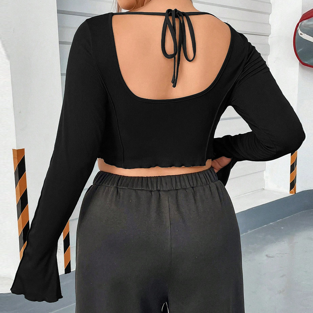 Large Size Womens Slim Fit Exposed Navel Fishbone Top Chic Base Shirt Short Square Neck Autumn and Winter Long Sleeved T-shirt