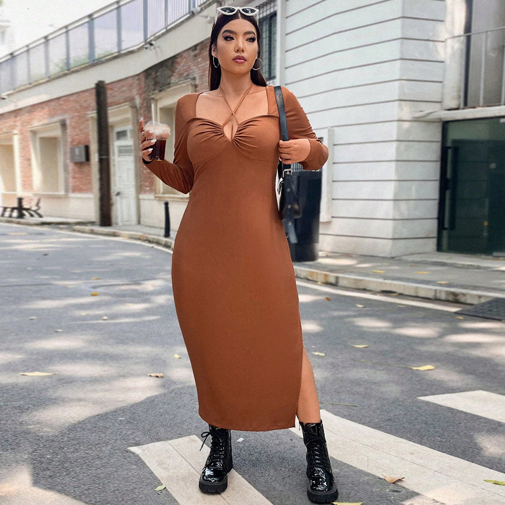 Large Size Womens Neck Hanging V-neck Long Sleeved Slim Fit Hip Hugging Mid Length Skirt Sexy Slit Dress