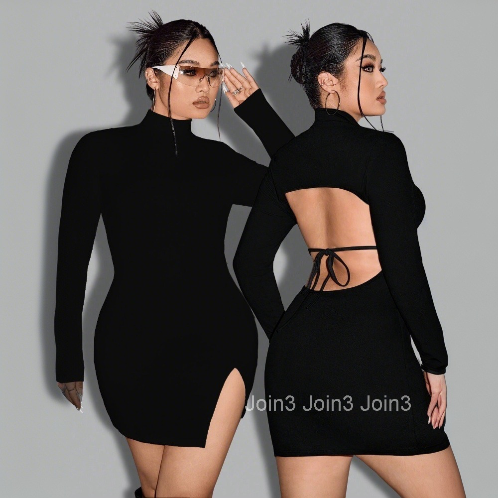 Womens Sexy Pure Desire Dress Autumn/winter New Half High Collar Solid Color High Waist Short Skirt