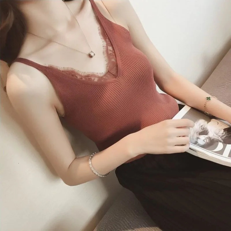 1Pc Womens Vest Lace Top Vneck Solid Knit Tank Ladies Sleeveless Fashion Patchwork Slim Sexy Suspenders Summer 250506