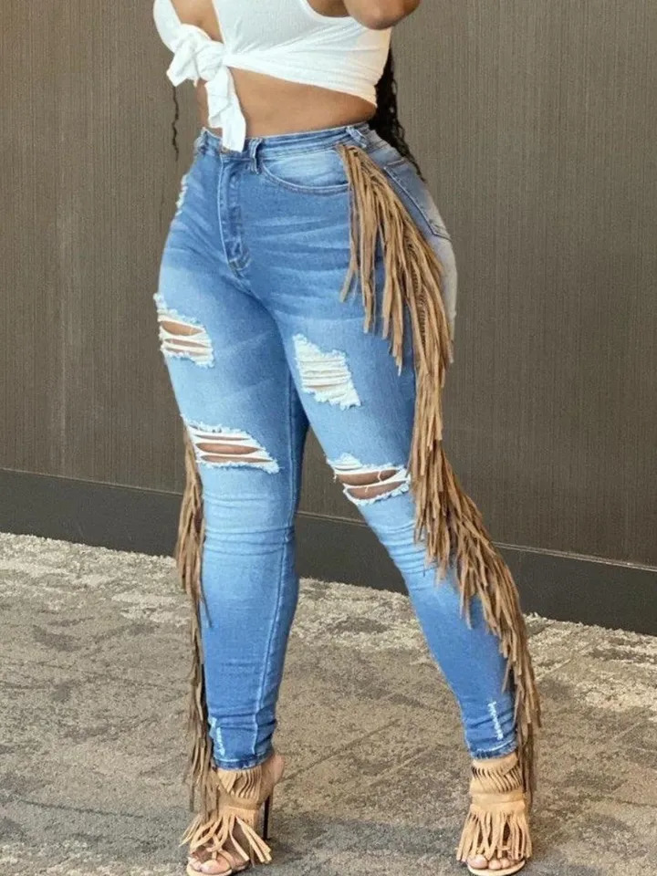 LW Plus Size summer jeans Tassel Ripped Jeans skinny Pants Ladies Jeans Y2K Summer High Street Cargo Pants 250515