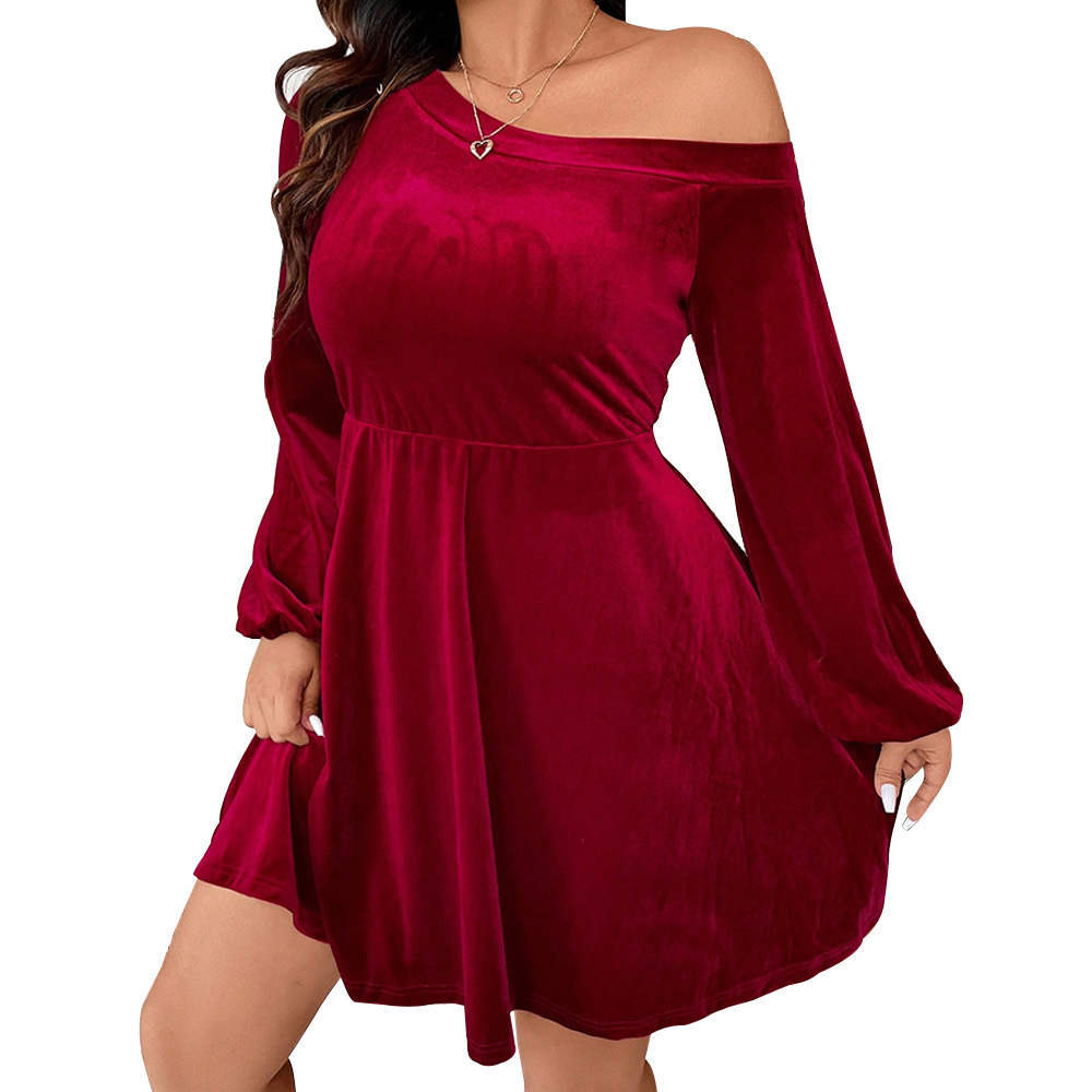 Oversized Womens Clothing Temperament Sexy Waistband A-line Dress Short Skirt One Shoulder Long Sleeved Velvet Dress