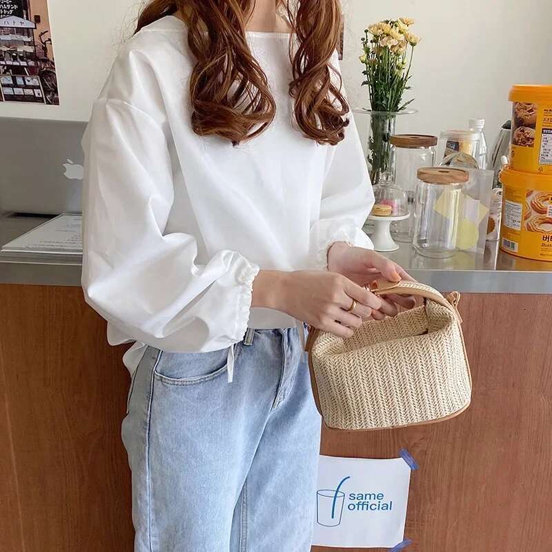 Yogodlns Summer Small Straw Handbag Trendy Shoulder Woven Bucket Crossbody Casual Seaside Beach Bag Gilrs Handle Tote
