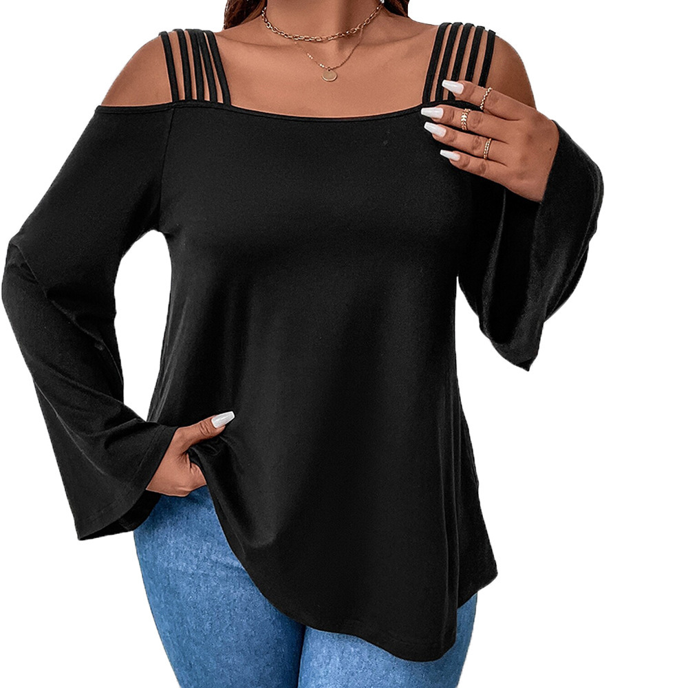Large Size Womens Solid Color Intellectual Style T-shirt Versatile for Autumn and Winter Loose and Slimming Off Shoulder Camisole Top