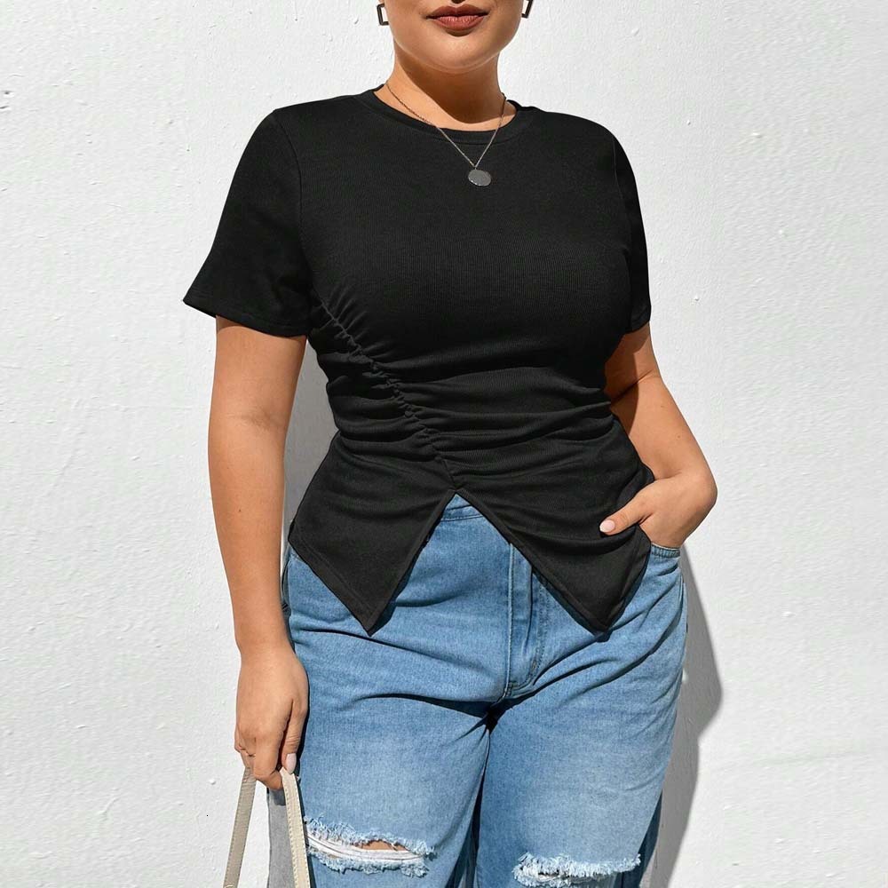 Plus Size Womens Instagram Minimalist T-shirt Summer New Round Neck Solid Color Short Sleeved Split Top