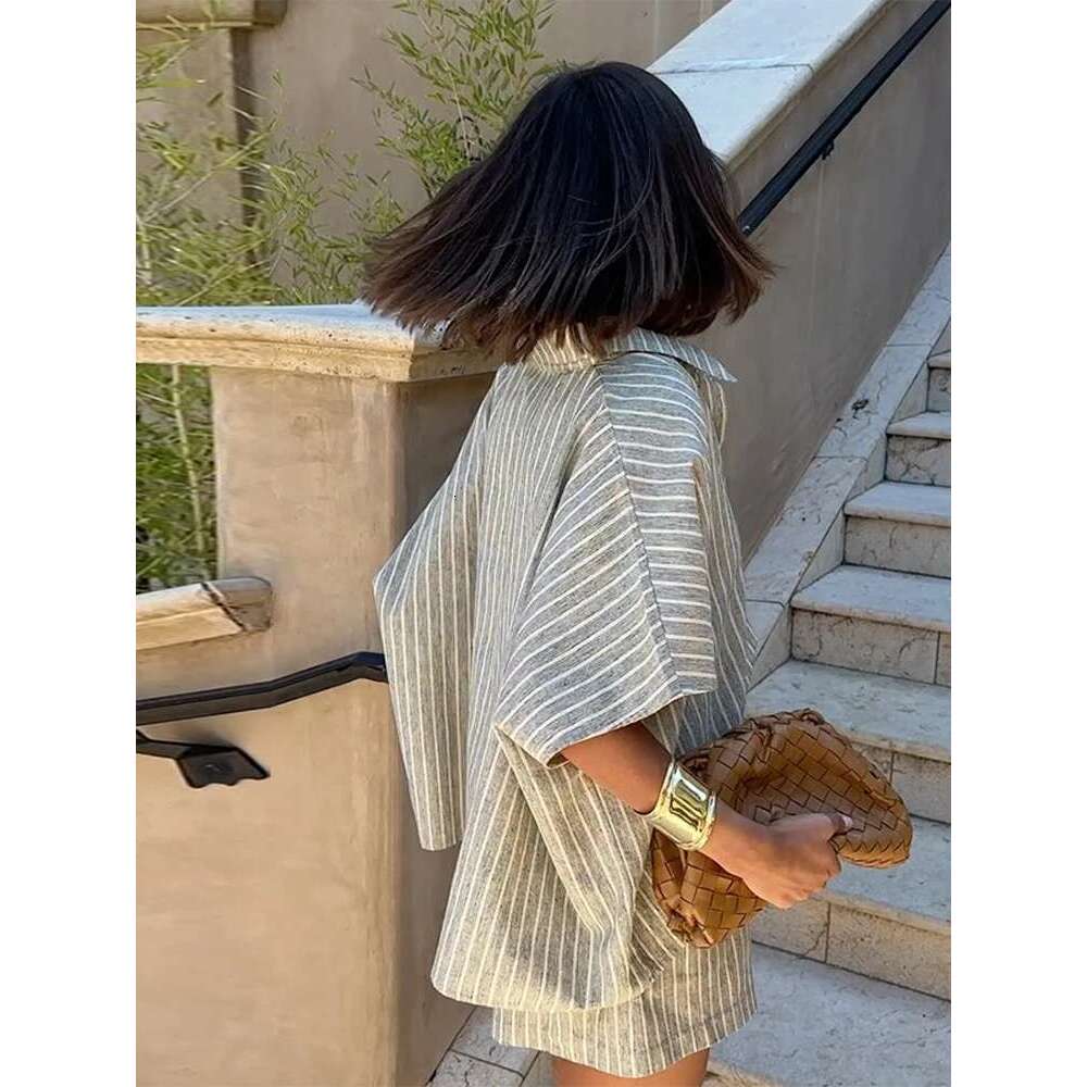 Casual Striped Lace Up Women Suits Lapel Half Sleeve Single Breasted Shirt Wide Leg Shorts Summer New Chic Lady Sets