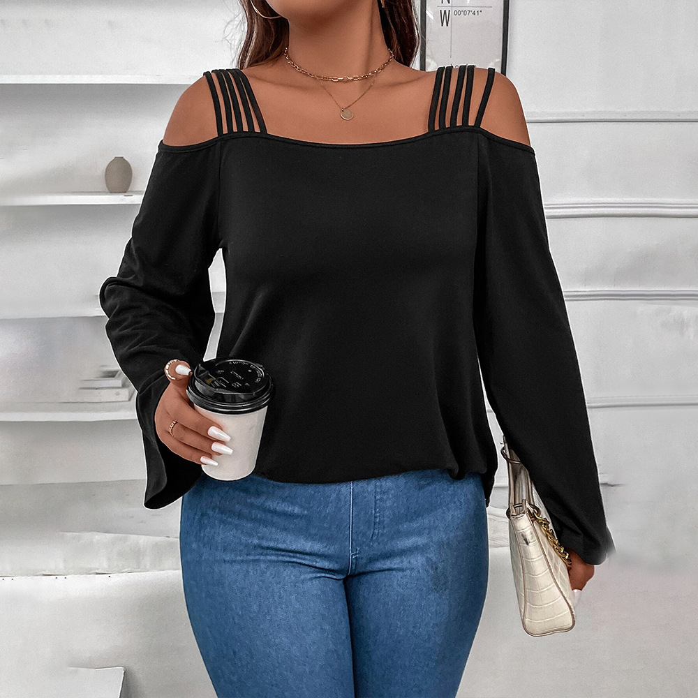 Large Size Womens Solid Color Intellectual Style T-shirt Versatile for Autumn and Winter Loose and Slimming Off Shoulder Camisole Top