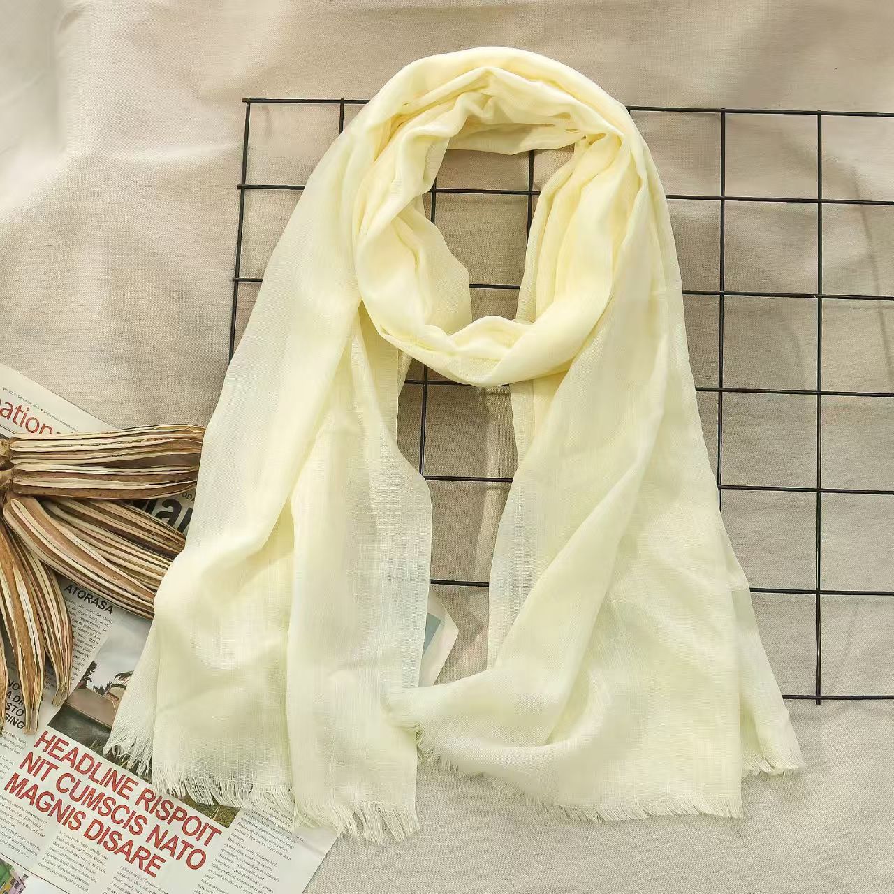 T719 solid color bamboo cotton scarf autumn and winter new two ends of the beard single color medium long scarf