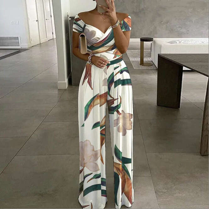 Wide Leg Jumpsuit Women S Fashion One Shoulder Printed Temperament Commuter Casual High Waist Jumpsuit For Women