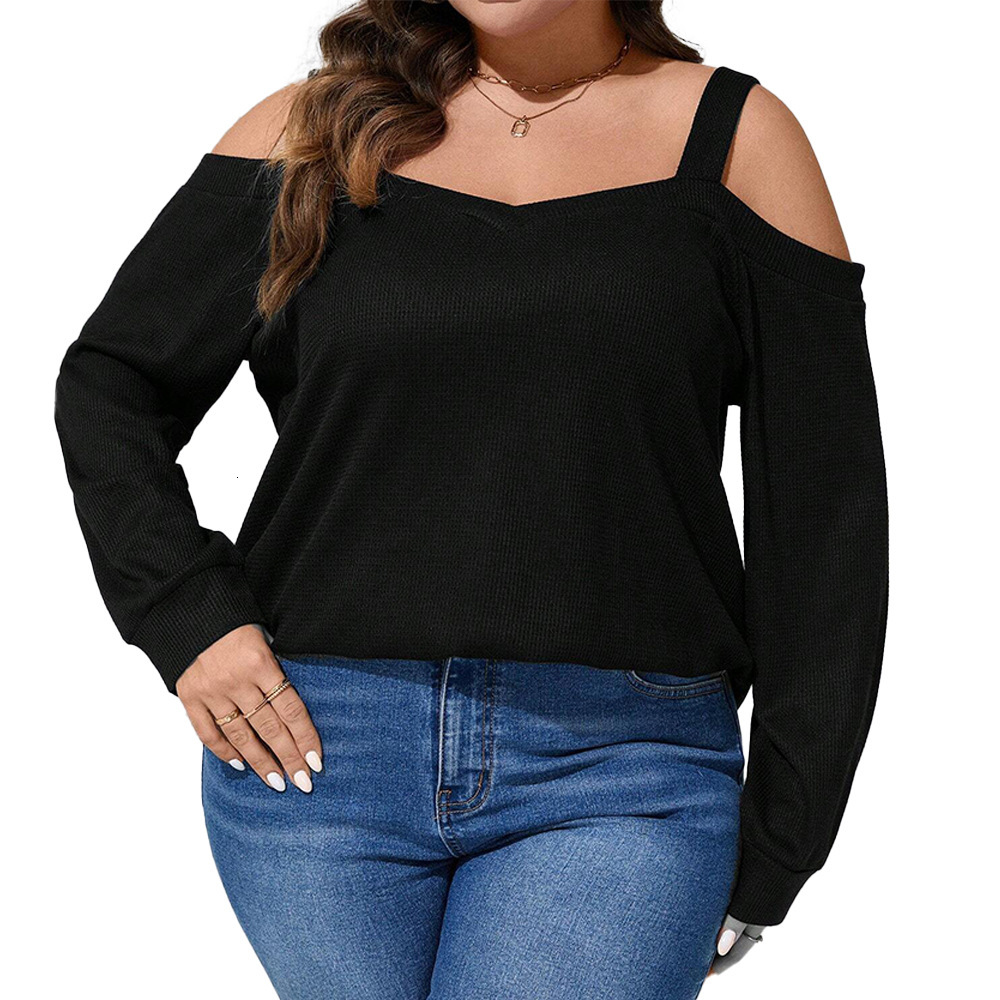 Large Size Womens Autumn and Winter New Sexy Off Shoulder Loose Casual Waffle Long Sleeved T-shirt