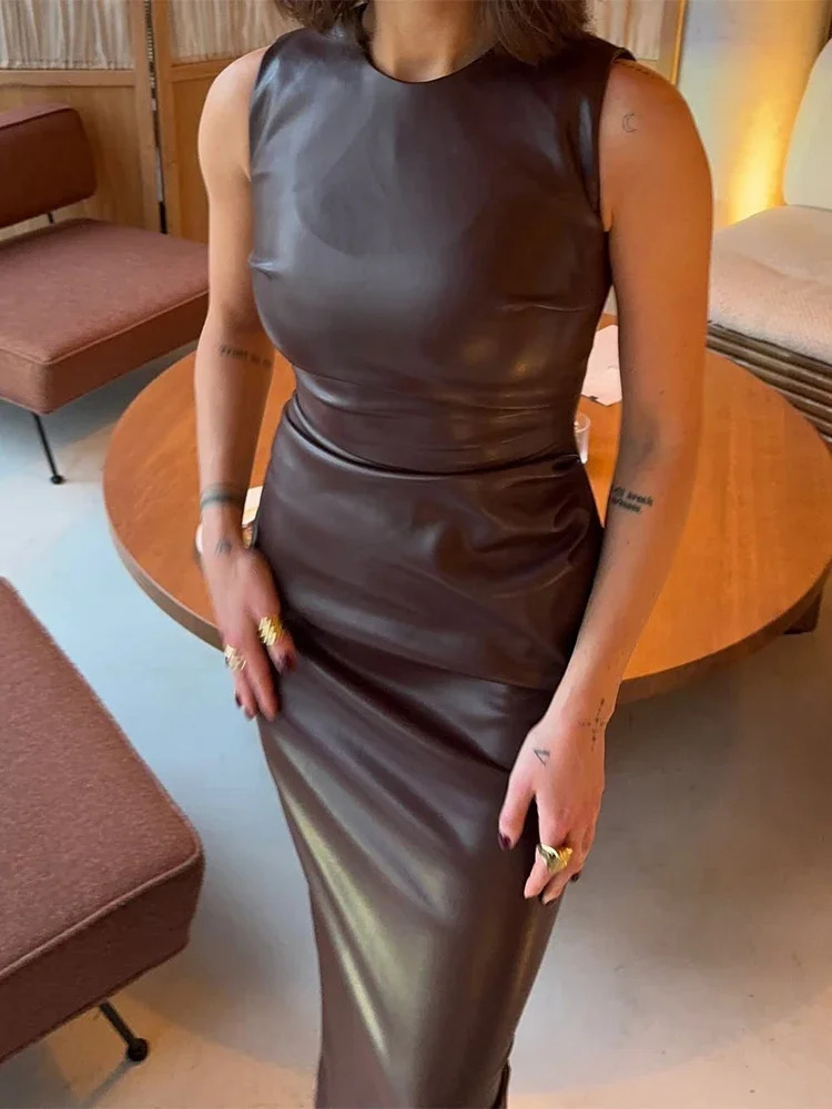 Trendix PU Elegant Maxi Dress For Womens Bodycon Pleated Sleeveless Long Dresses Vacation Casual Street High Waist Party Dress 250515