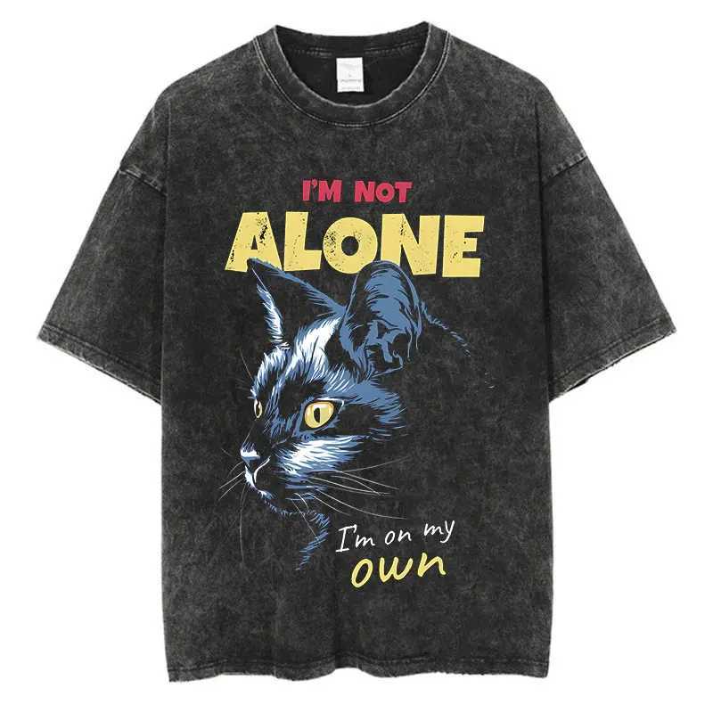 Animal Cat Print Vintage Washed Tshirt Harajuku Streetwear Graphic Y2K T-Shirt Summer Short Sleeve 100% Cotton Hip Hop Tshirt X250516