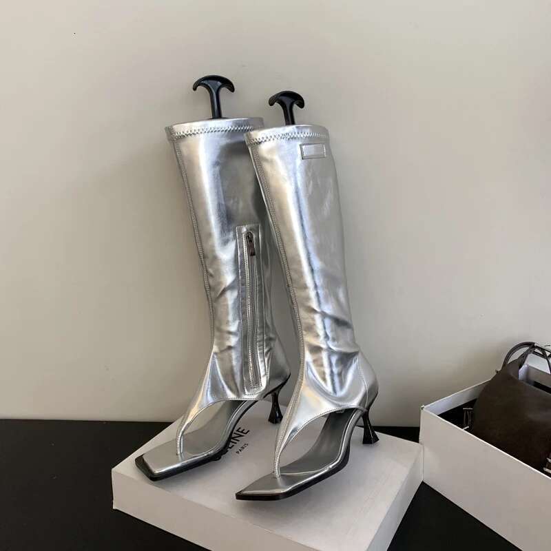 Eilyken Sier Open Toe Clip-On Knee High Boots Women Modern Booties Thin Low Heels Side Zipper Spring Party Pumps Sandals Shoe