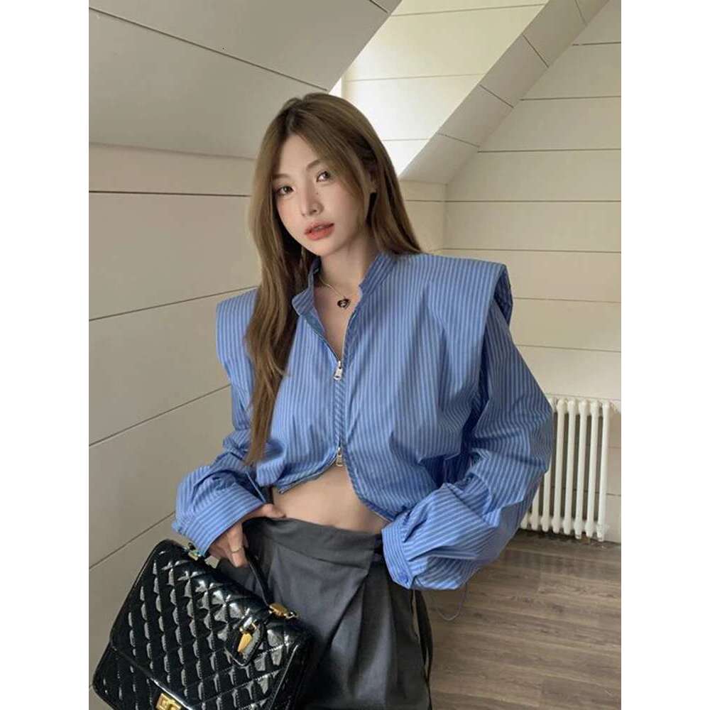 Zoki Sexy Cropped Striped Shirt Women Streetwear Long Sleeve Retro Blouse Korean Double Zipper Patchwork Design Female Short Top