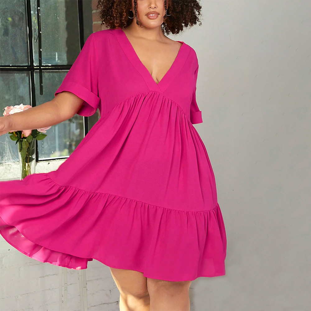 Spring New Rose Red Short Sleeved Lotus Leaf Edge Skirt with Elegant Temperament Deep V-neck Slim Fit Dress