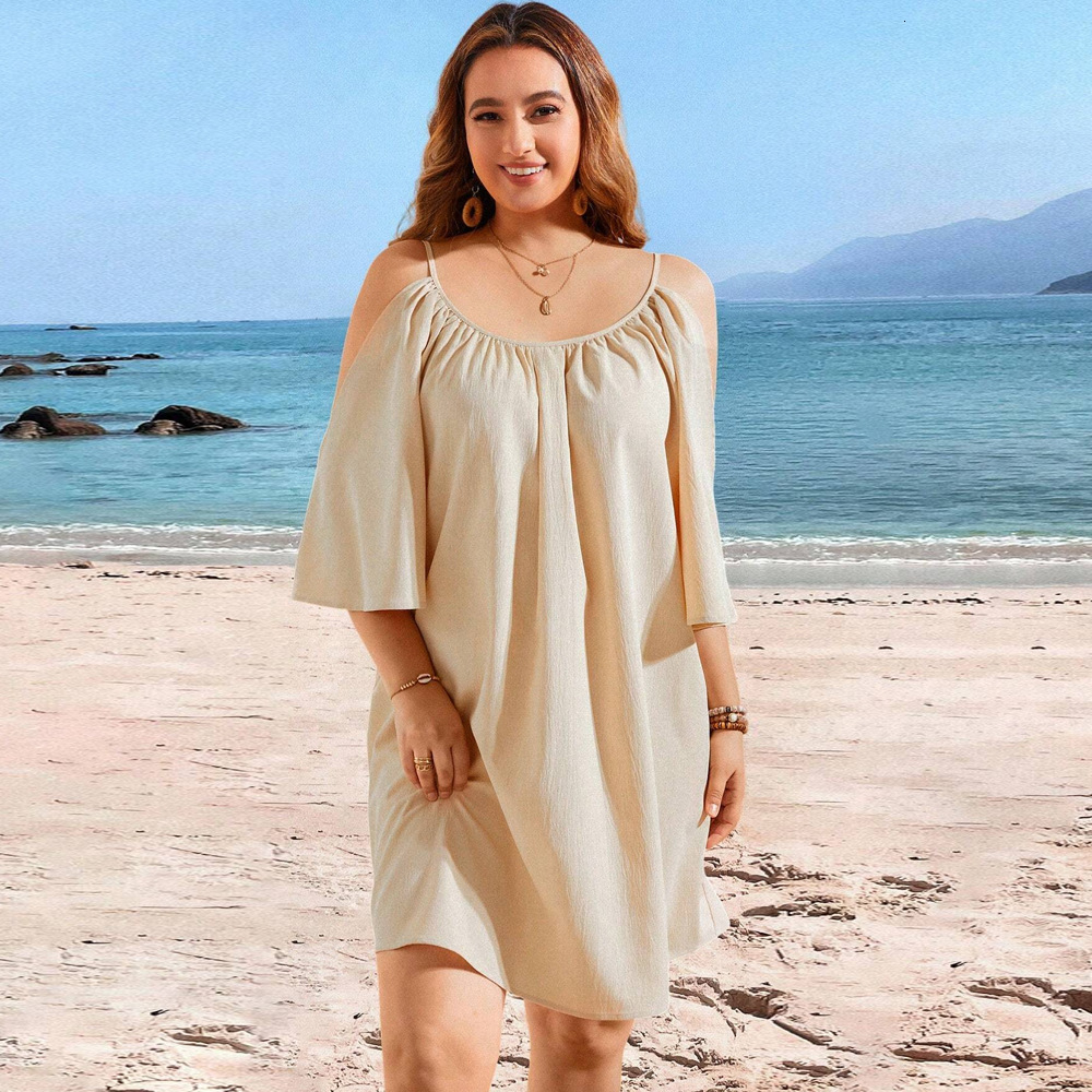 Large Size Womens Spring/summer Vacation Casual Round Neck Sexy Off Shoulder Short Sleeved Dress