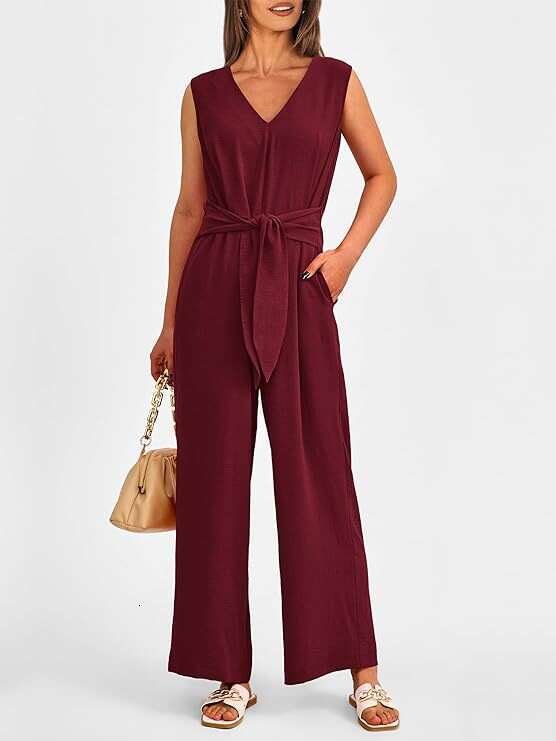 Wide Leg Jumpsuit Spring Summer Women S New V Neck Wide Leg Sleeveless Belt Jumpsuit For Women