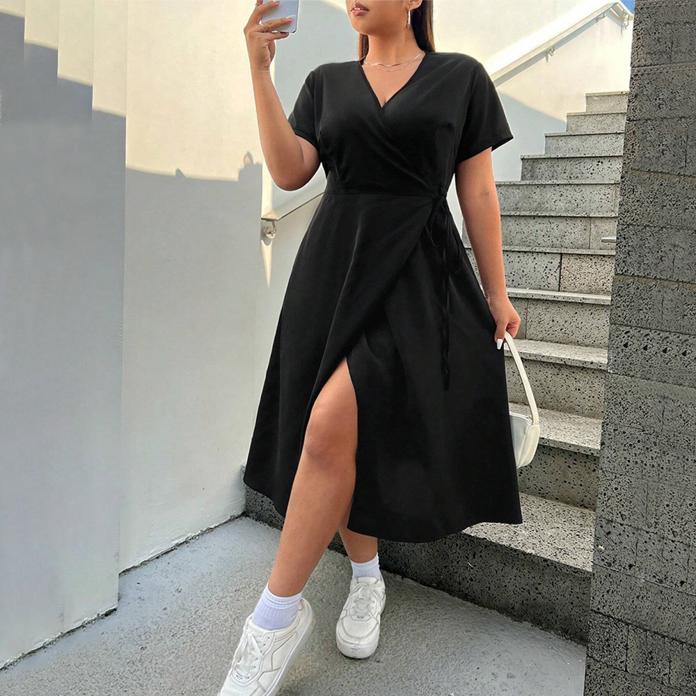 Spring New V-neck Split Middle Long Dress Solid Color Slimming Temperament Short Sleeve Dress