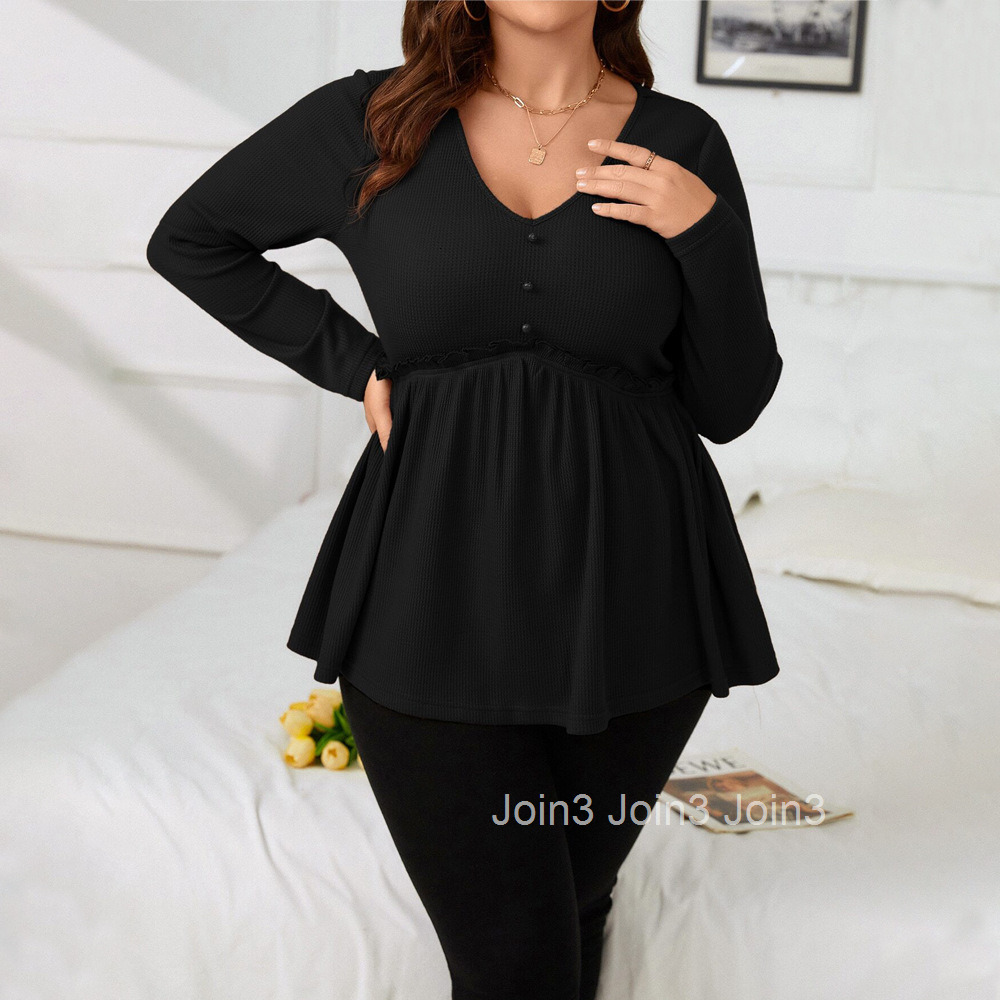 Plus Size Womens V-neck Long Sleeved T-shirt Autumn and Winter Elegant Style Fashionable Versatile Slim Fit Top for Women
