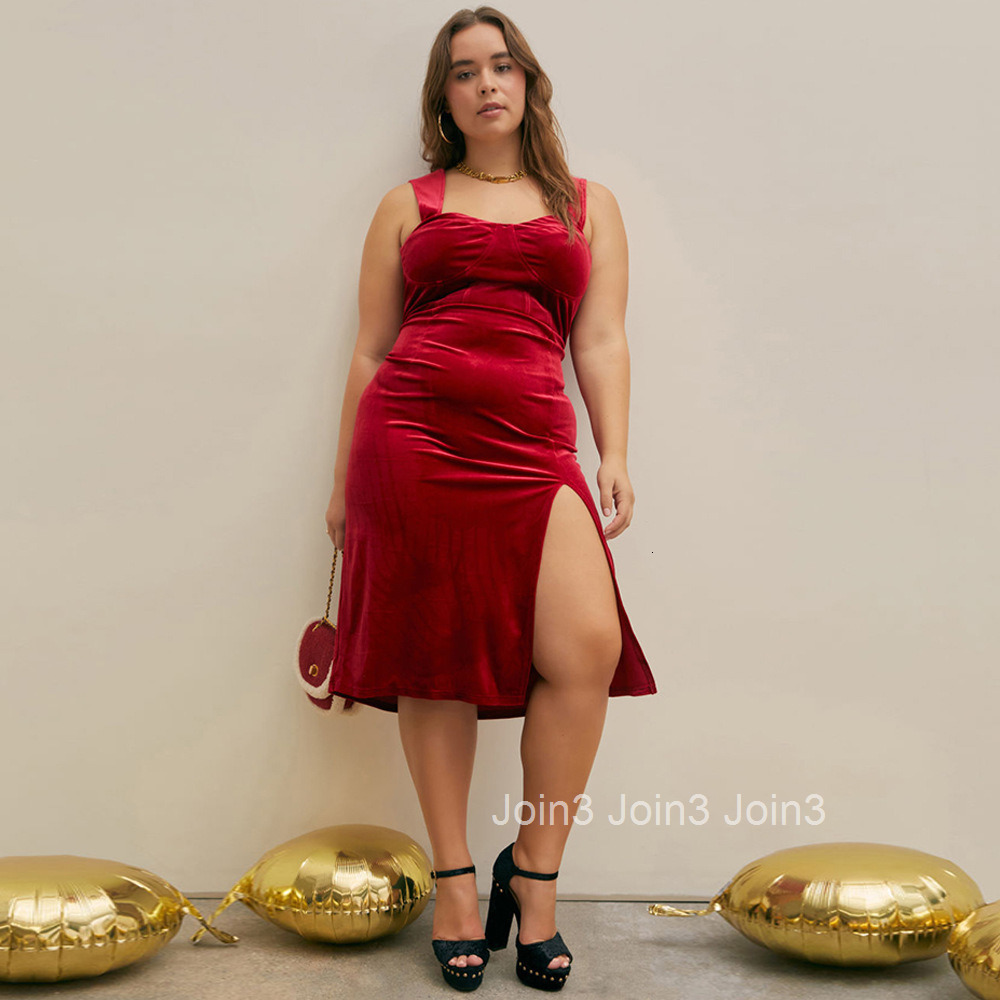 Large Size Womens Autumn and Winter Slim Fit Slit Hip Hugging Temperament Solid Color Velvet Suspender Dress