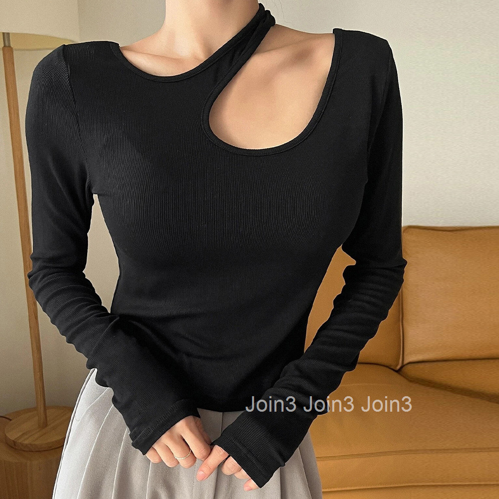 Autumn and Winter New Design Sense Slim Fit Casual Base Shirt Irregular Slimming and Simple Korean Long Sleeved Knitted Top