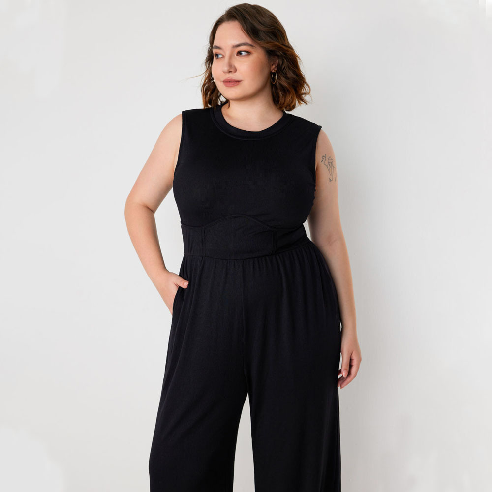 Plus Size Womens Slimming Sleeveless Waist Cinching Fashion Casual Solid Color Versatile Jumpsuit Pants