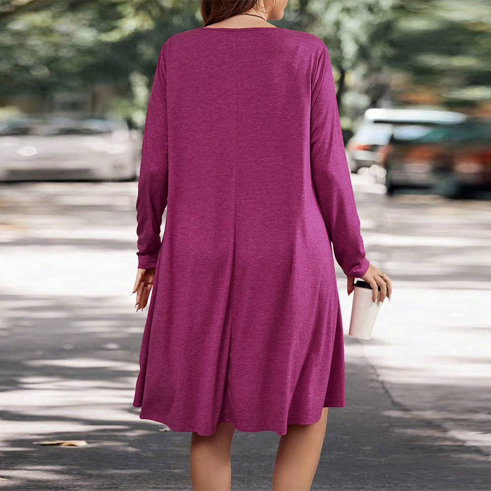 Large Size Womens Autumn and Winter Long Sleeved Round Neck Loose Casual Solid Color Pocket Dress