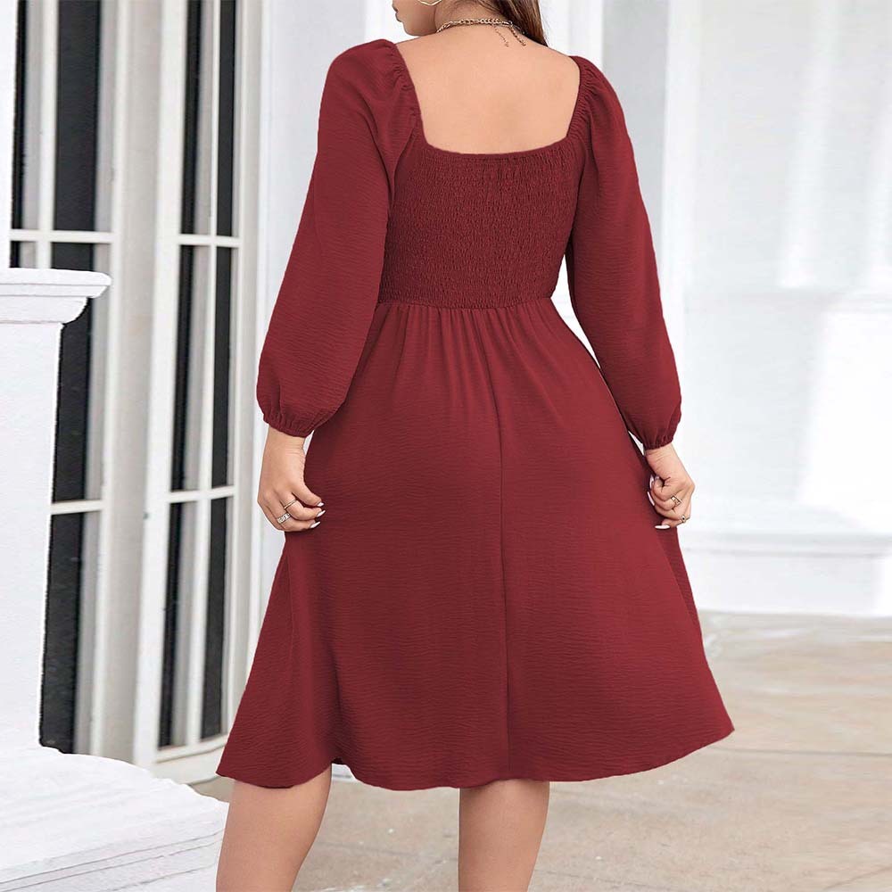 Plus Size Womens Clothing Elegant Style Red Dress Autumn and Winter V-neck Long Sleeved Mid Length Skirt