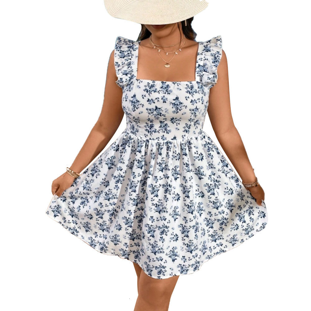 Plus Size Womens Gentle Vacation Style Dress for Spring and Summer New Square Neck Floral Mid Length Skirt