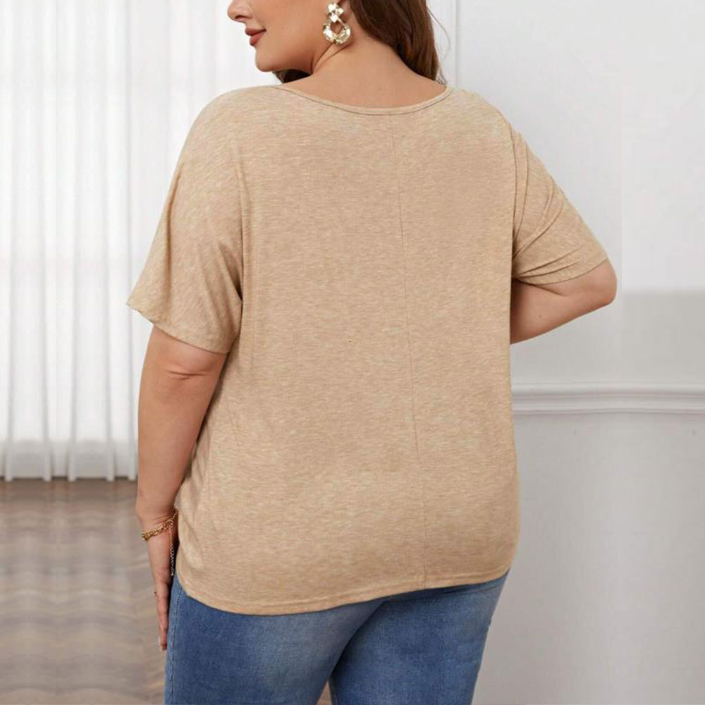 Large Size Womens New Loose Casual V-neck Short Sleeved Knitted T-shirt Irregular Hem Top