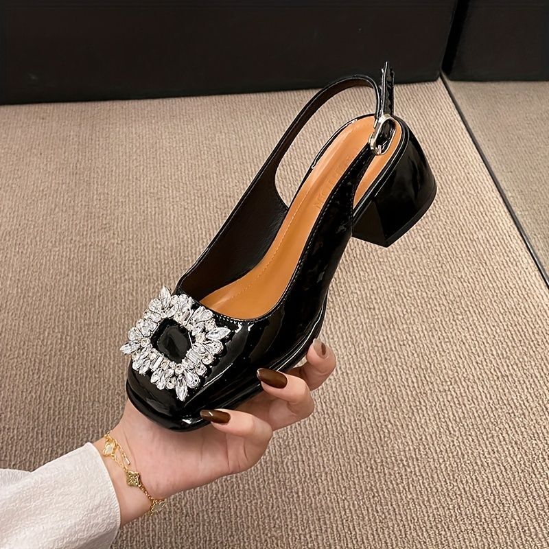 Retro Chunky Heel Sandals, Stylish Rhinestone Decor Buckle Strap Shoes, Women's Fashion Slingback Shoes