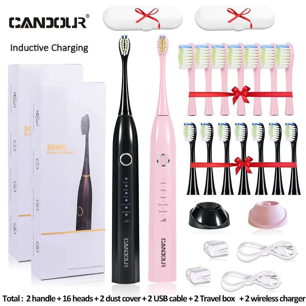 CANDOUR CD5166 Electric Toothbrush USB Charge Rechargeable Sonic Tooth brush For Adult Replacement with 16 Brush Head
