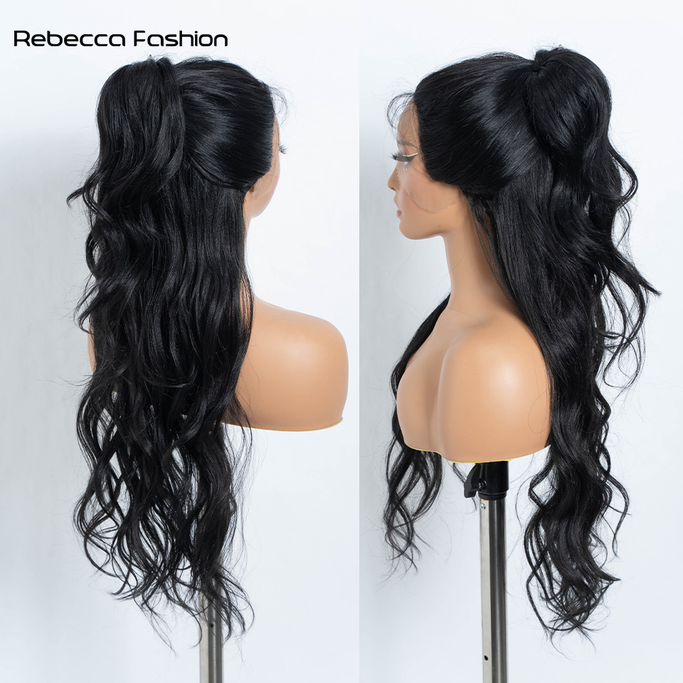 Rebecca Fashion Body Wavy Synthetic Front Wigs For Black Women 30 inch Ombre Brown Higlight Lace With Baby Hair Cosplay Wig