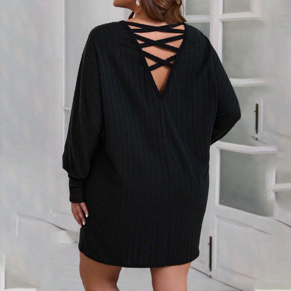 Plus Size Simple Style Loose Dress Autumn and Winter Round Neck Backless Design Sense One Step Short Skirt