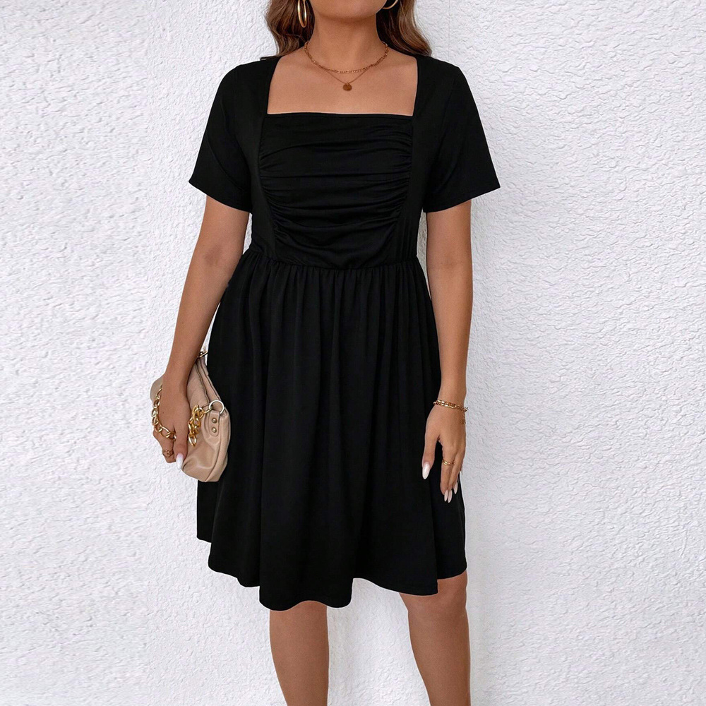 Large Womens Spring/summer New Square Collar Waist Short Sleeve Dress