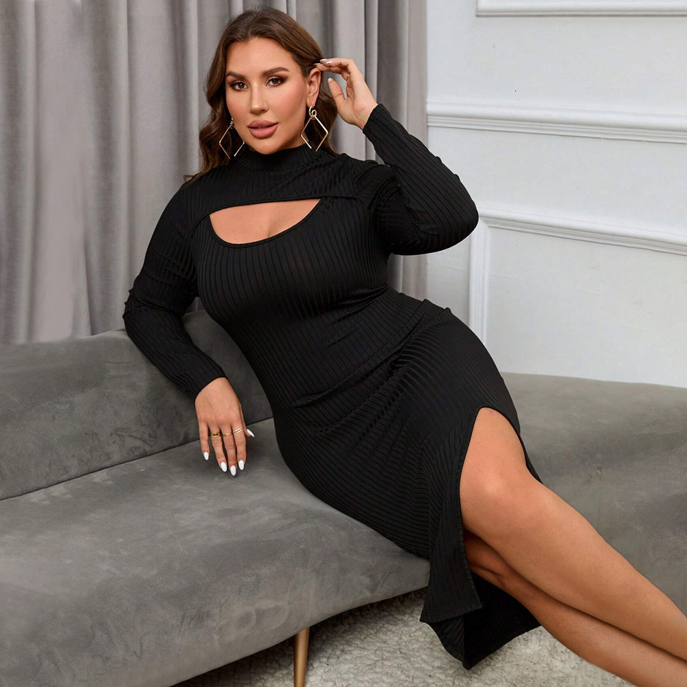 Autumn and Winter New Plus Size Womens Sexy Hollow Out Slit Waist Bag Hip Long Sleeved Dress