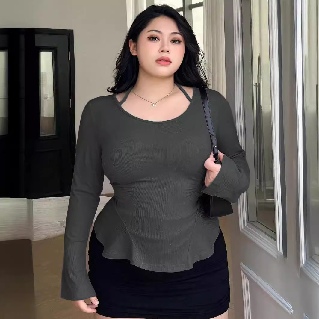 Autumn and Winter Plus Size Womens Sexy Pure Desire Style T-shirt U-neck Long Sleeved Temperament Slimming Top