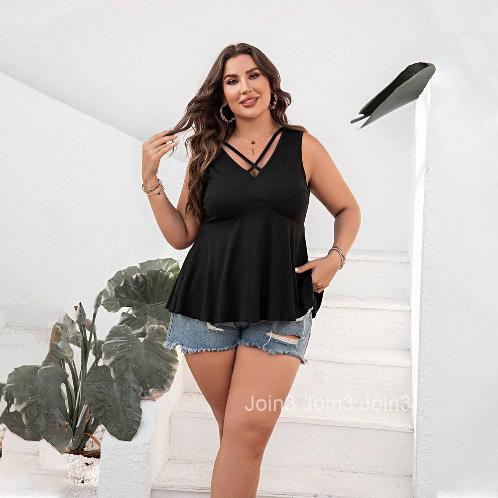 Plus Size Womens Simple Casual Style V-neck T-shirt Summer Versatile Sleeveless Top