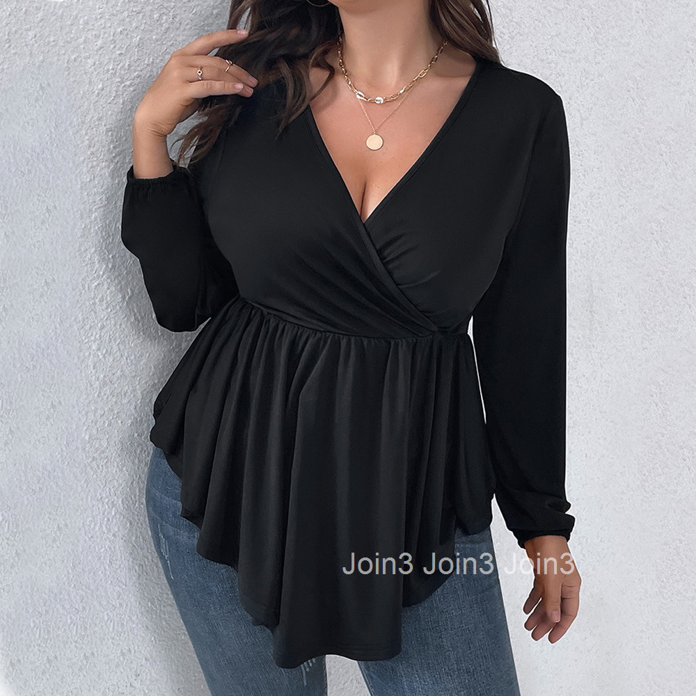 Large Size Feminine V-neck Cinched Waist Slimming Long Sleeved Knitted Long Sleeved Solid Color Large Swing Elastic Waist Top