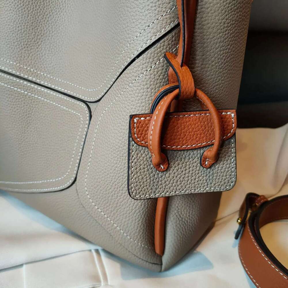 New Geometric Design Natural Togo Cow Leather Basket Tote Hit-Color Big Capacity Women's Handbag Armpit Shoulder Purse