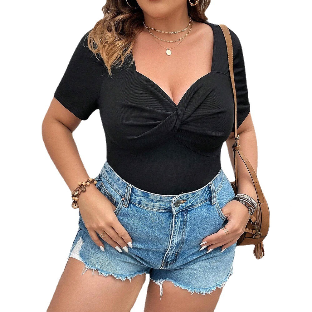 Large Size Womens Sexy V-neck Slim Fit and Slimming Temperament Commuting Short Sleeved Womens T-shirt White Top