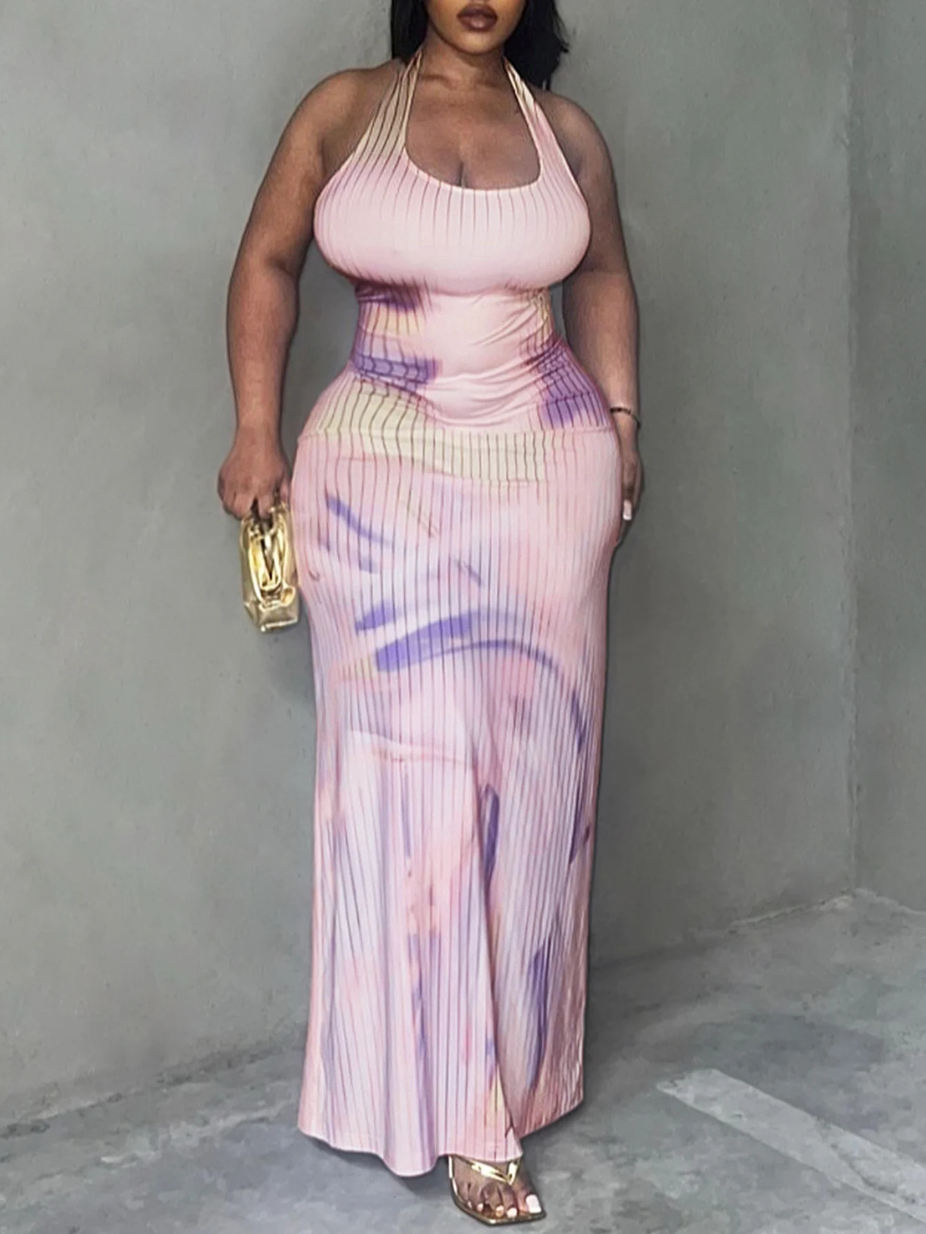 LW BASICS Plus Size Tie Dye Rib Knit Cami Bodycon Dress Women Summer Mixed Print Sleeveless U Neck Casual Ankle Length Dresses 250515